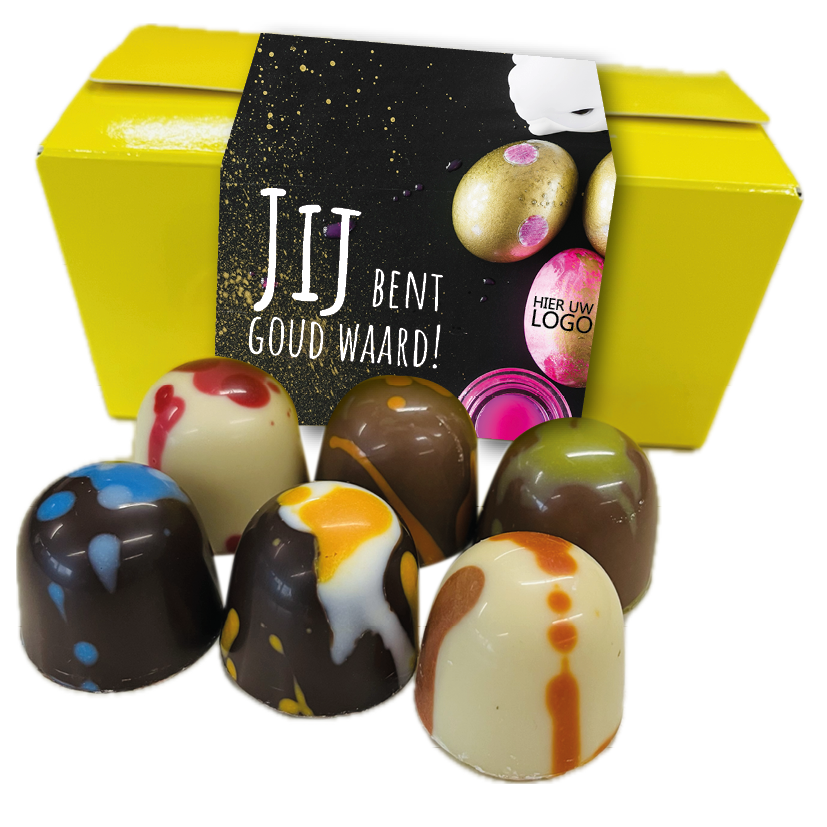 Vrolijk geschenkdoosje met 250 grams paasbonbons + banderol